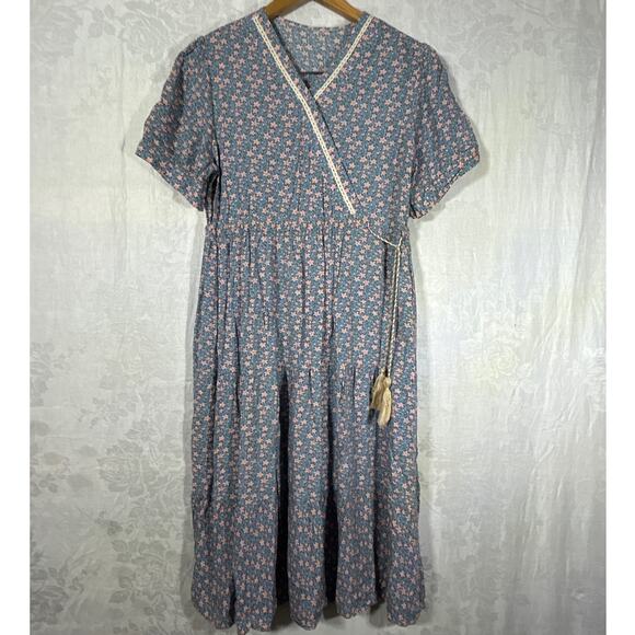 Handmade Dress Medium Blue Pink Floral Faux Wrap Tiered Ruffle Cottage Core - Picture 1 of 12